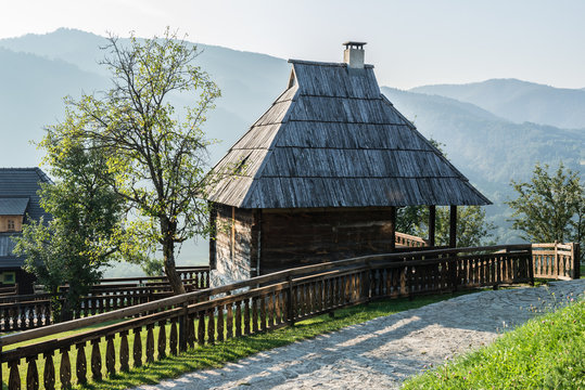 Wooden cottage house in traditional Drvengrad village, Serbia
