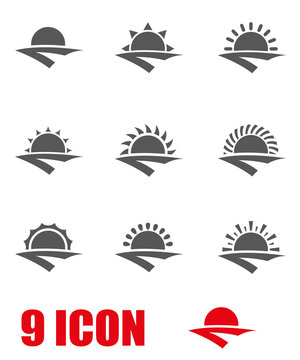 Vector grey sunrise icon set. Sunrise Icon Object, Sunrise Icon Picture, Sunrise Icon Image - stock vector