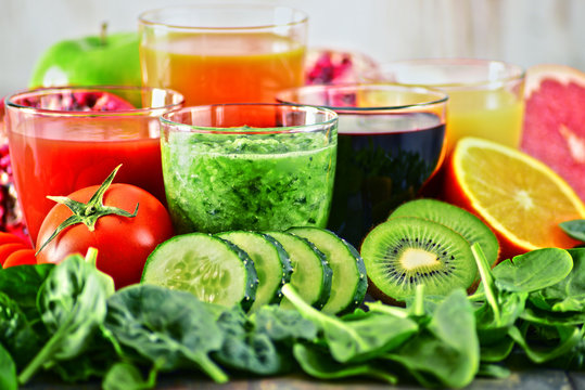 Glasses of fresh organic vegetable and fruit juices