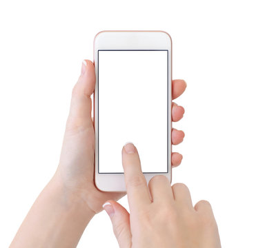 woman hands holding white phone with isolated screen