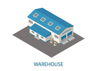 three-dimensional warehouse building isometric iconswith boxes and asphalt road