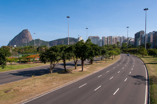 Four Lane Street in Flamengo Neighborhood with the Sugarloaf Mountain in the Horizon