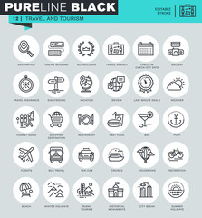 Thin line icons set of travel and tourism, for travel agencies, holidays offer, information about destinations, types of transport. Icons for website and mobile website and apps with editable stroke. 