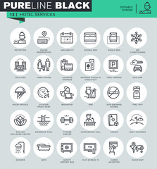 Thin line icons set of hotel services and facilities, online booking, travel information. Icons for website and mobile website and apps with editable stroke. 
