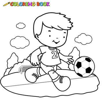Little boy playing soccer.  Vector black and white coloring page