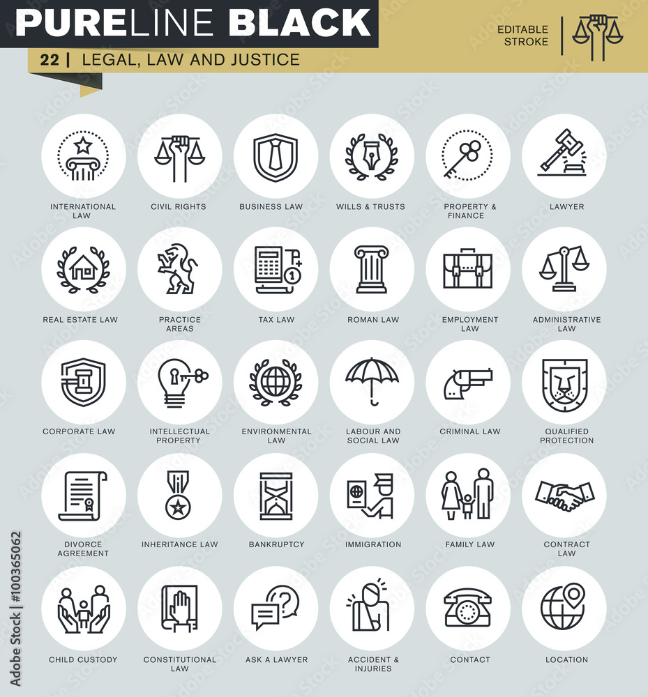 Poster thin line icons set of legal, law and justice. icons for website and mobile website and apps with ed