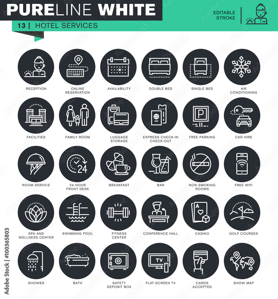 Poster set of thin line icons for hotel services. icons for website and mobile website and apps with editab