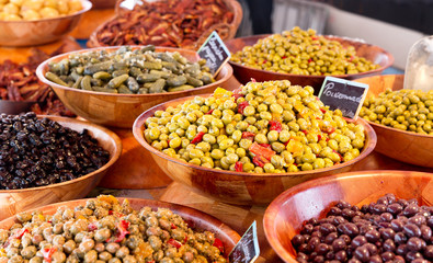  various olives at a market