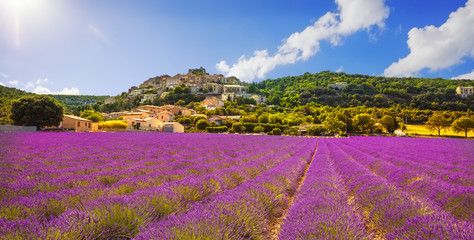 Naklejka premium Simiane la Rotonde village and lavender panorama. Provence, Fran