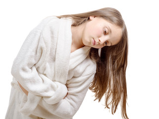 girl has a stomachache with bathrobe, isolated on white backgrou