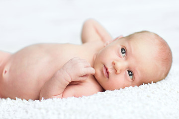adorable newborn boy sleeps on the white blanket with background