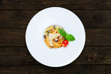 Traditional italian seafood pasta with calamari and mussel