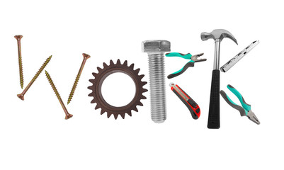 Inscription work made of work tools on white