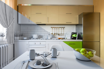 3d render of kitchen design in a modern style, a mix of pictures without textures and materials and shaders