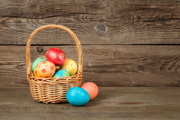 Easter eggs in the basket of wooden table