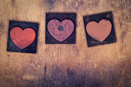 3 Wooden Letterpress Hearts