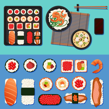 Japanese Food. Sushi Set with Different Rolls, Soup and Rice