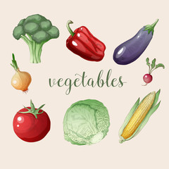 Vegetables Set in Vintage Style. Healthy Food