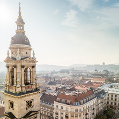 Bell tower of St. Stephen's Basilica and view of Budapest