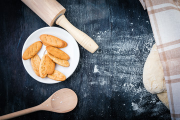 Process of bread cooking.  Rustic background.