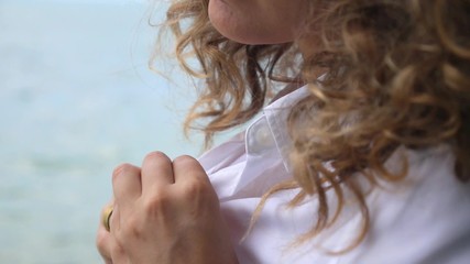 Beautiful Sexy Woman with Curly Hair Unbutton Shirt. Closeup.  