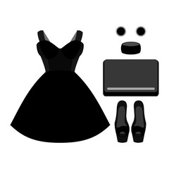 Set of trendy women's clothes. Outfit of woman dress and accessories. Women's wardrobe. Vector illustration