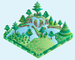 3d isometric design nature landscape illustration with forest, hills,rocks, waterfall, spruces, flowers  and meadow. Vector.
