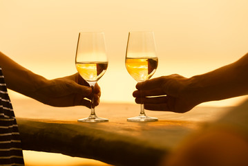 Romantic couple enjoying wine by the sea
