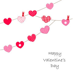 Happy Valentine's Day Greeting card Hearts hanging on rope vector