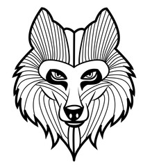 A stylized  wolf 's head vector isolated on white, testa di lupo stilizzata in bianco e nero vettoriale su sfondo bianco