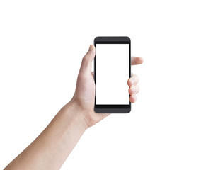 Left hand holding big touch screen smart phone, isolated on white, clipping path