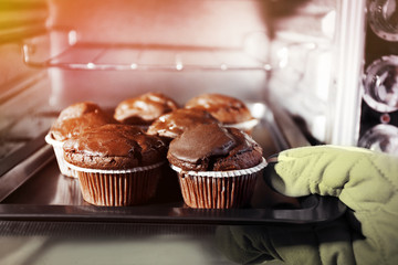 Housewife preparing chocolate cupcakes in oven, close up