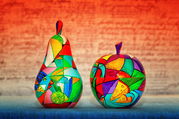 Decorative wooden fruit - pears and apples. Handmade, contemporary art.