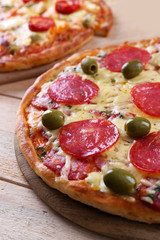 Delicious tasty pizza, closeup