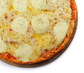 Pizza full of cheese on wooden board isolated on white background, close up