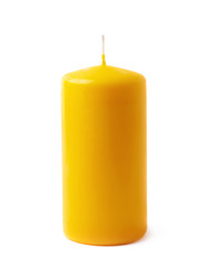 Single yellow wax candle isolated