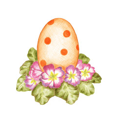 Blooming primula with orange polka dots Easter egg.