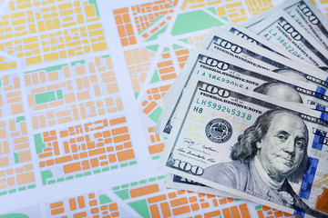Cash on the city map background, close up