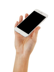 Hand holding white touch screen smart phone isolated on white background