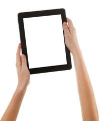 Black tablet in hands isolated on white background