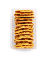 Flat cookies in a plastic case