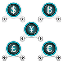 White abstract icons and silver currencies symbols