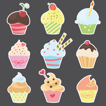 vector cute cupcakes set