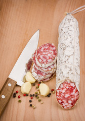 salami sausages  on a wooden table