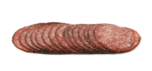 Stack of multiple salami slices isolated