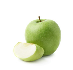Green apple next to a slice isolated