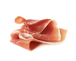 Folded prosciutto ham slice isolated