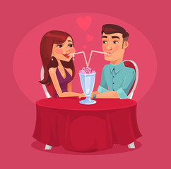 Romantic couple in the cafe. Vector flat illustration