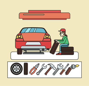 Auto mechanic service. Vector flat line illustration