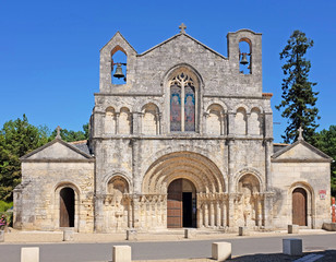 Church of Saint Vivian in Pons, Charente-Maritime, France, with a twelfth century roman style facade and a pilgrim hospital for pilgrims that walk to Santiago de Compostella in Spain